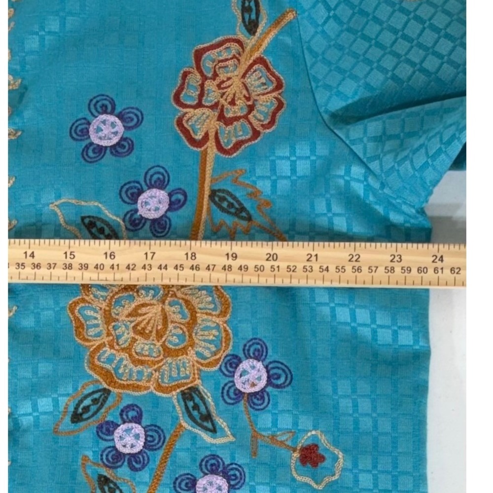 Entice Embroidered Jacket 1X Turquoise Blue Floral Art to Wear Cotton Rayon - Picture 5 of 10
